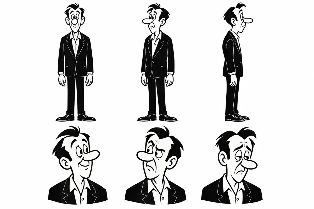 Vīra tēla kartīte: viens karikatūras varonis vairākos skatos un sejas izteiksmēs