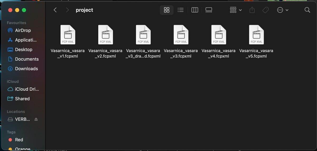 Finder mape ar Vasarnīcas stāsta FCPXML failiem no pirmās līdz piektajai versijai