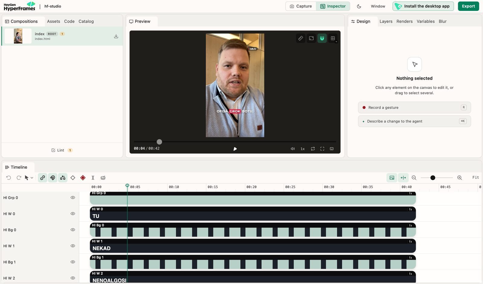 HyperFrames Studio logs: augšā video priekšskatījums, apakšā laika josla, kur katram izceltajam titru vārdam un tā fonam ir sava rinda