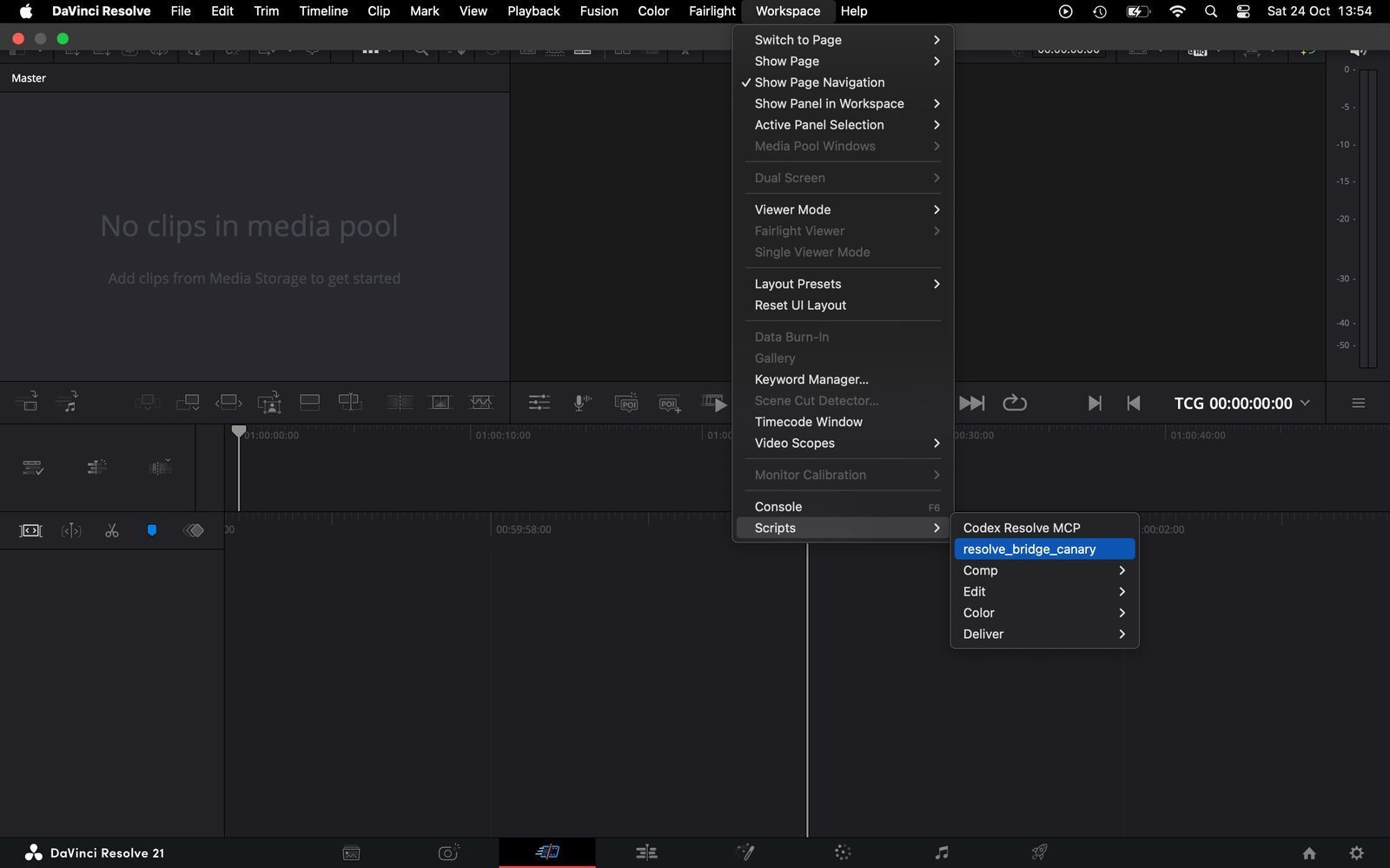 DaVinci Resolve 21 ar atvērtu izvēlni Workspace un Scripts, kur redzams Codex Resolve MCP skripts